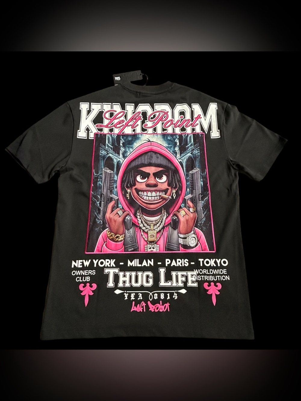(Rare) Left Point' 'Thug Life' Graphic Hoodie Tee - Black & Pink Rhinestones